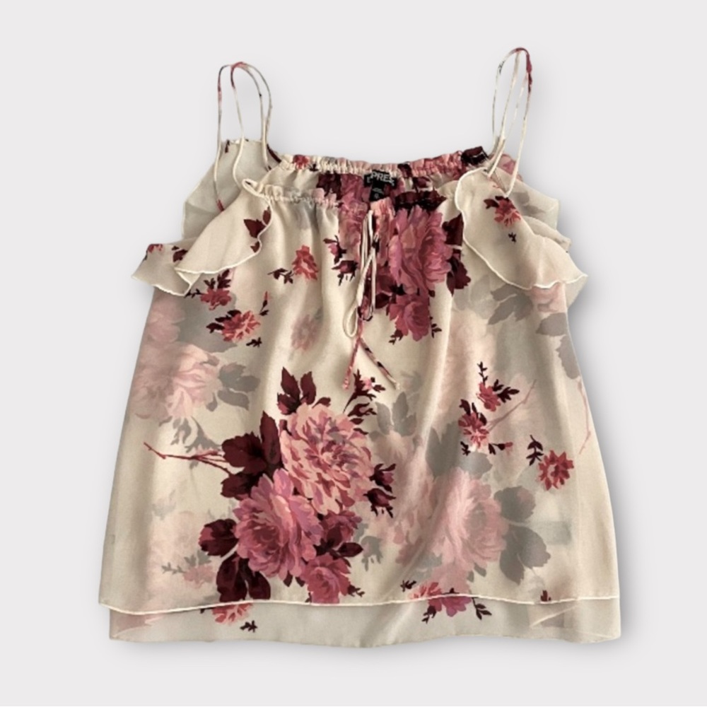 Express Women’s Top Camisole XS Floral Tie Front Keyhole Strappy Ruffle Coquette